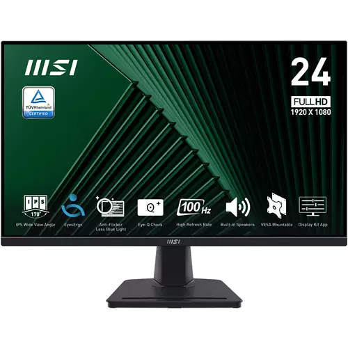 MSI Pro MP245G 24 Inch Monitor FHD (1920 x 1080) 100Hz IPS 1ms 1x HDMI 1.4b 1x DP 1.2a output 1x D-Sub(VGA) Built-in Speakers Anti-Glare Anti-Flicker Less Blue light TV Certified VESA Kensington Black 60.5 cm (23.8") 1920 x 1080 pix