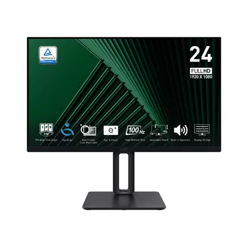 MSI Pro MP245PG 24 Inch Monitor FHD (1920 x 1080) 100Hz IPS 1ms 1x HDMI 1.4b 1x DP 1.2a output 1x D-Sub(VGA) Built-in Speakers Anti-Glare Anti-Flicker Less Blue light TV Certified VESA Kensington 4-way adjustable stand Black 60.5 cm