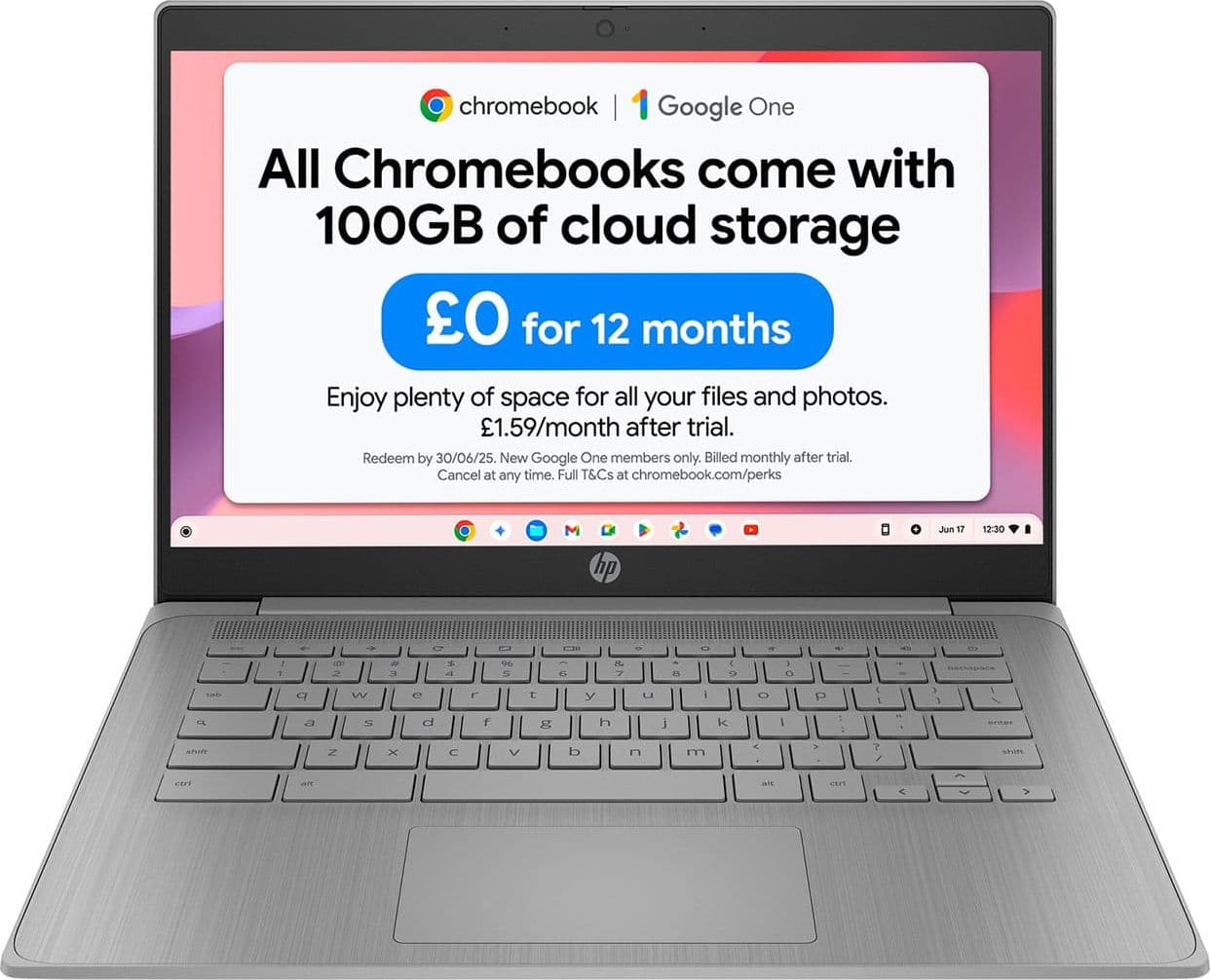 HP 14" 14a-ne1000na Intel® Celeron®, 4GB RAM, 64GB, eMMC, HD, Chromebook - Grey, Grey