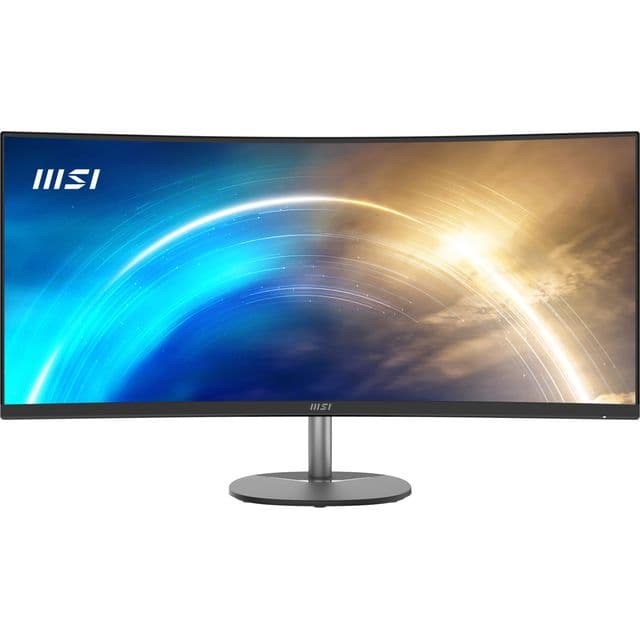 MSI Pro MP341CQ 34 Inch Curved Monitor, 1500R, UWQHD (3440 x 1440), 21:9, 100Hz, VA, 4ms, HDMI, VGA, Built-in Speakers, Anti-Glare, Anti-Flicker, Less Blue light, TÜV Certified, VESA, Kensington, Black